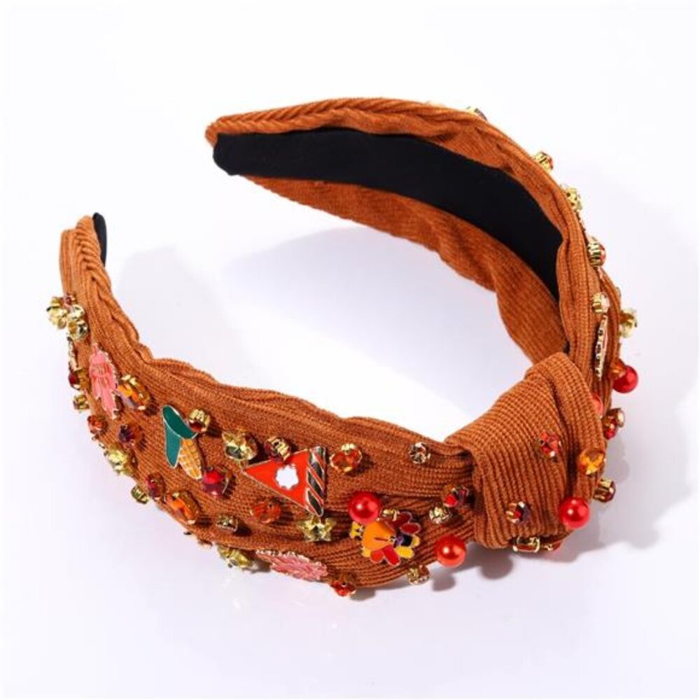 Sparkle & Shine Thanksgiving Headband - Beaded Turkey & Leaf Knotted Hair Access - Picture 5 of 7